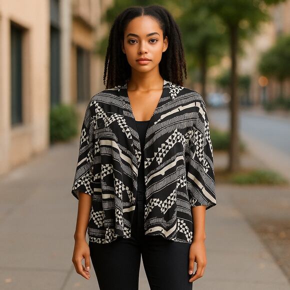 Circles & Cycles Tops - Circles and Cycles Womens Overpiece One Size Black Beige Geometric Open Front